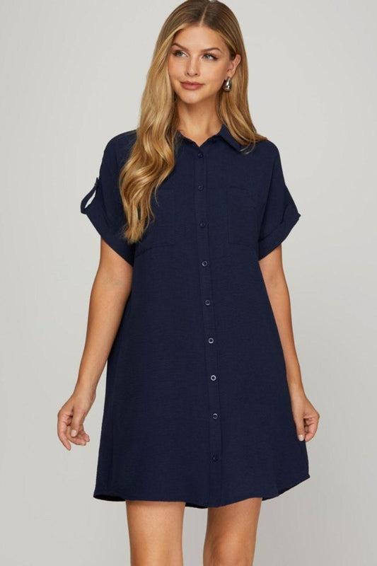 She + Sky Full Size Button Down Short Sleeve Woven Shirt Dress Plus Size - Leo’s Look Your Best