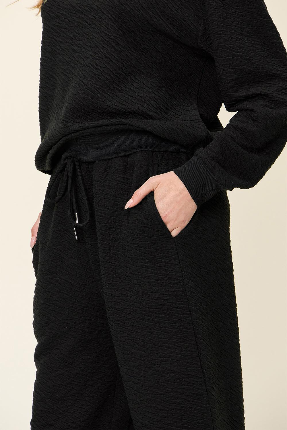 Double Take Full Size Texture Long Sleeve Top and Pants Set - Leo’s Look Your Best