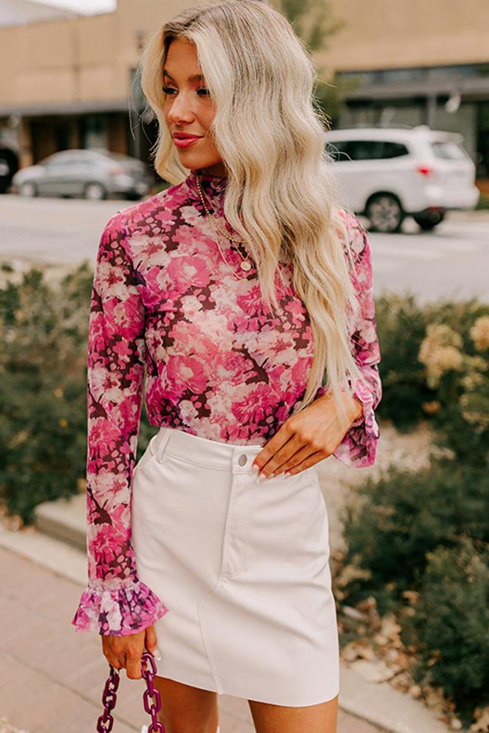 Rose Allover Floral Print Mesh Top - Leo’s Look Your Best