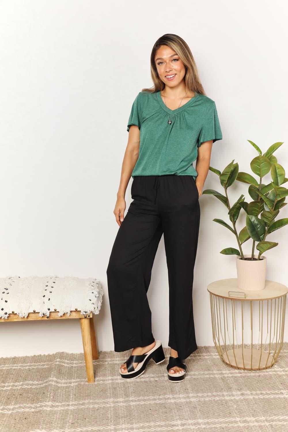 Double Take Ruched V-Neck Short Sleeve T-Shirt - Leo’s Look Your Best