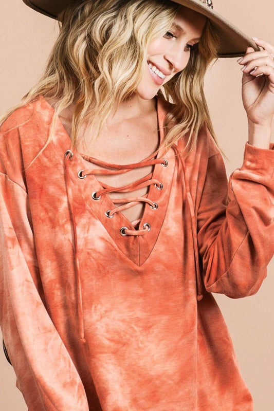 BiBi Lace-Up Tie-Dye French Terry Long Sleeve Top - Leo’s Look Your Best