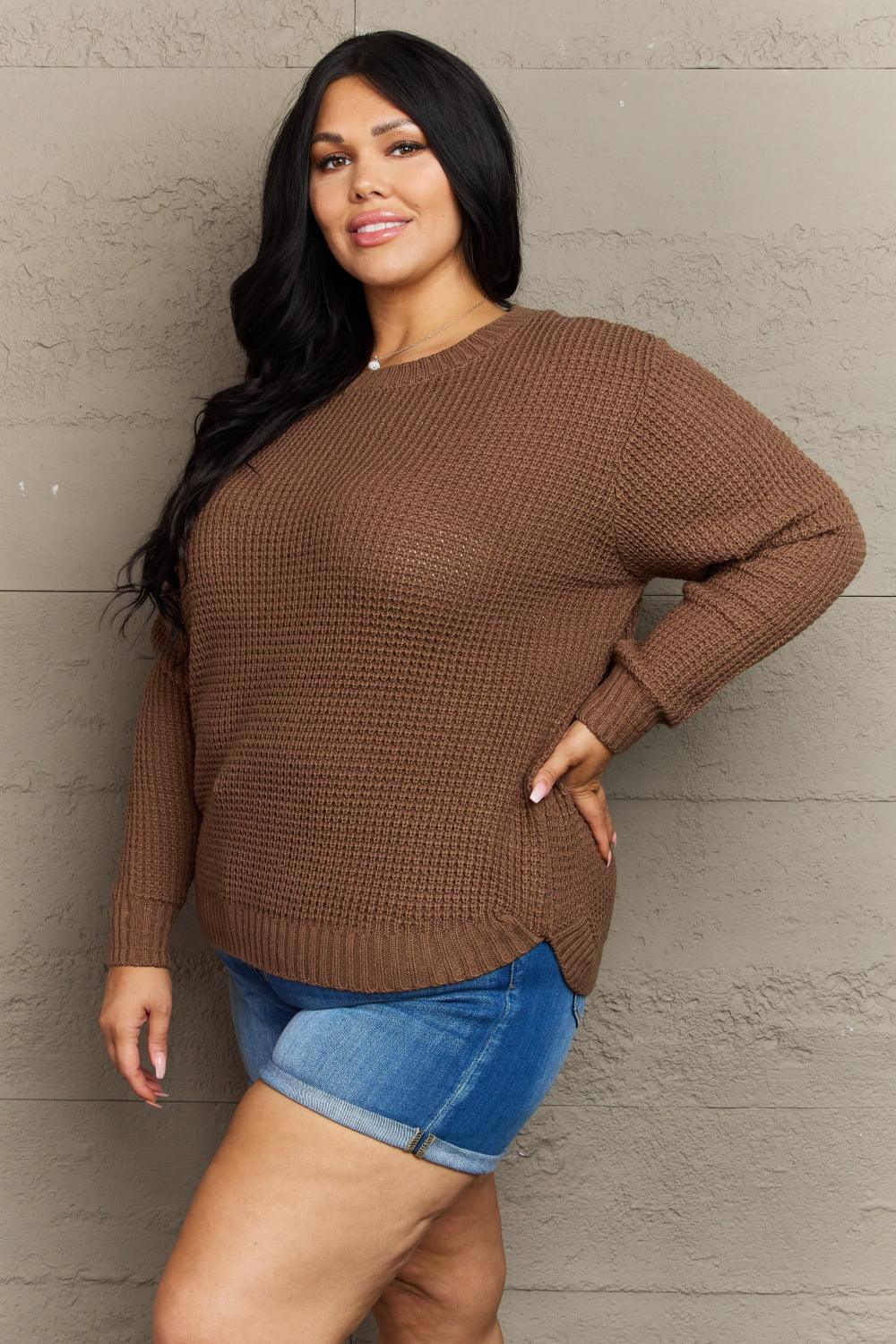 Zenana Breezy Days Plus Size High Low Waffle Knit Sweater - Leo’s Look Your Best