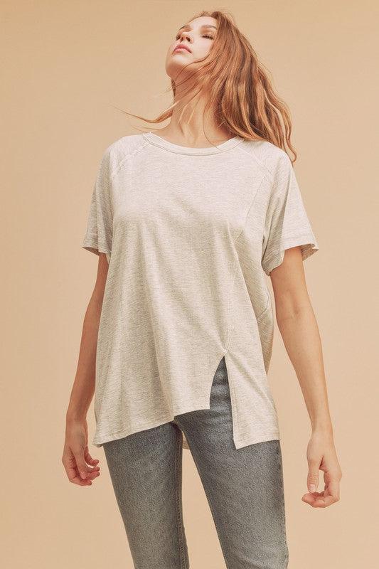 Aemi + Co Asymmetrical Front Slit Round Neck Raglan Sleeve T-Shirt - Leo’s Look Your Best