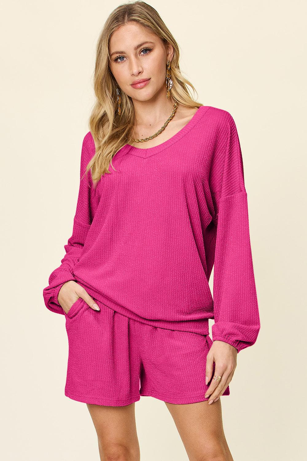 Double Take Full Size Texture V-Neck Long Sleeve T-Shirt and Shorts Set - Leo’s Look Your Best