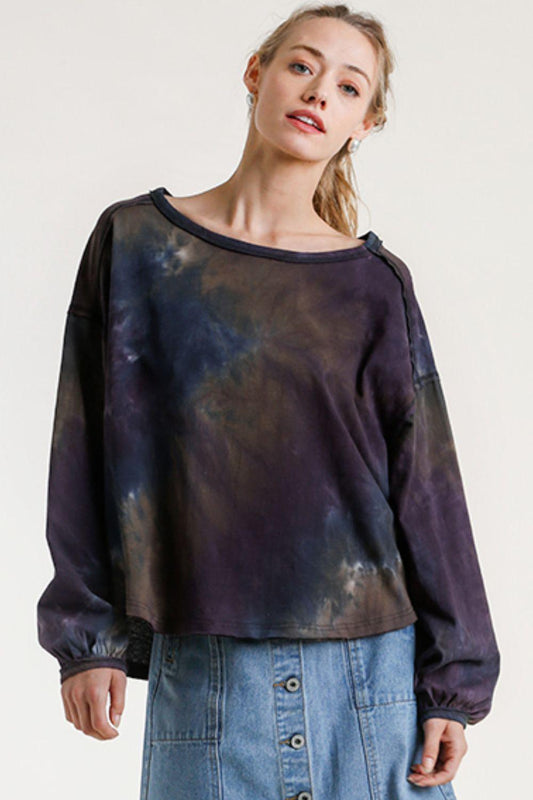 Umgee Full Size Tie Dye Round Neck Long Balloon Sleeve Top Plus Size - Leo’s Look Your Best