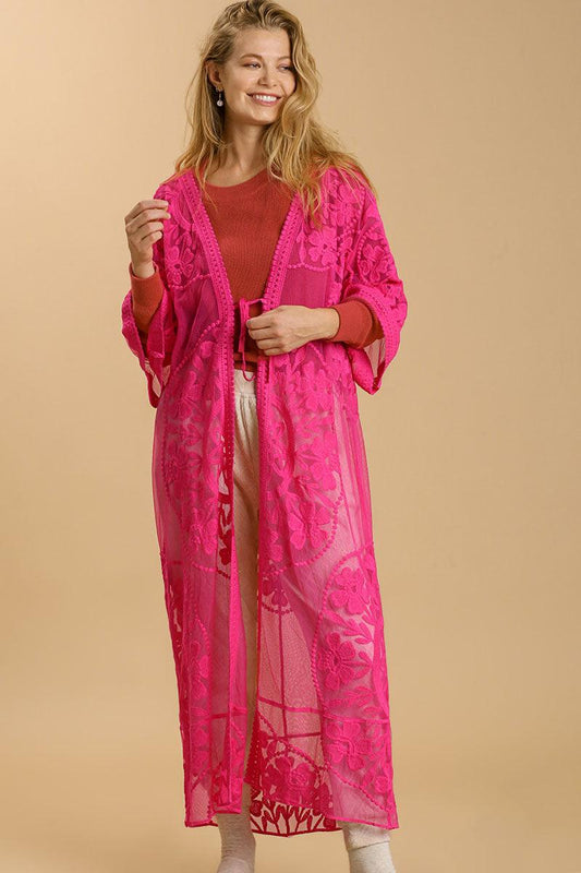 Umgee Full Size Floral Lace Open Front Long Kimono with Waist Tie Plus Size - Leo’s Look Your Best