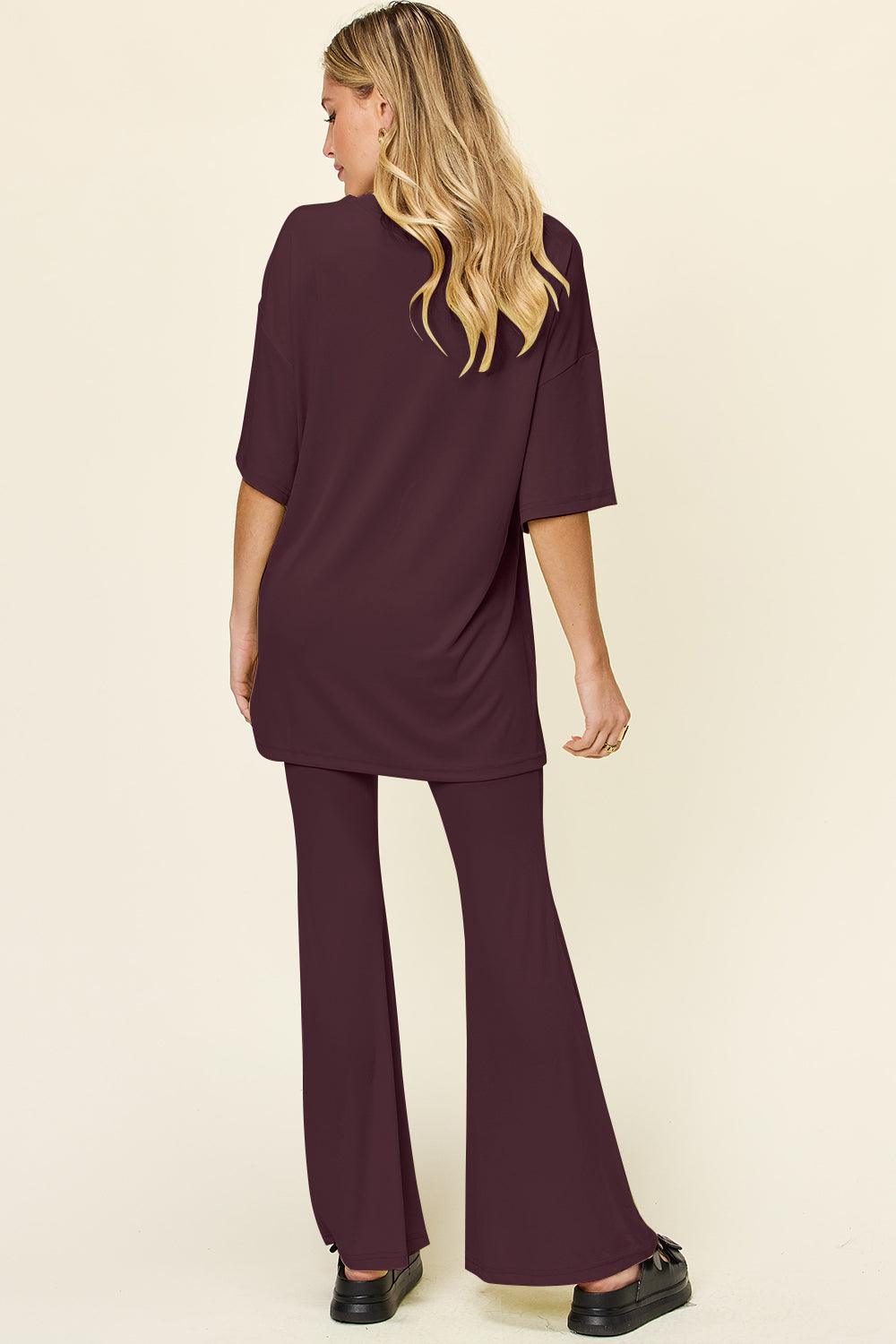 Double Take Full Size Round Neck Drop Shoulder T-Shirt and Flare Pants Set - Leo’s Look Your Best