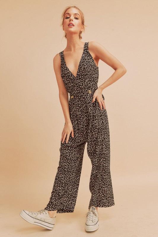 Aemi + Co Ditsy Floral Surplice Sleeveless Wide Leg Jumpsuit - Leo’s Look Your Best