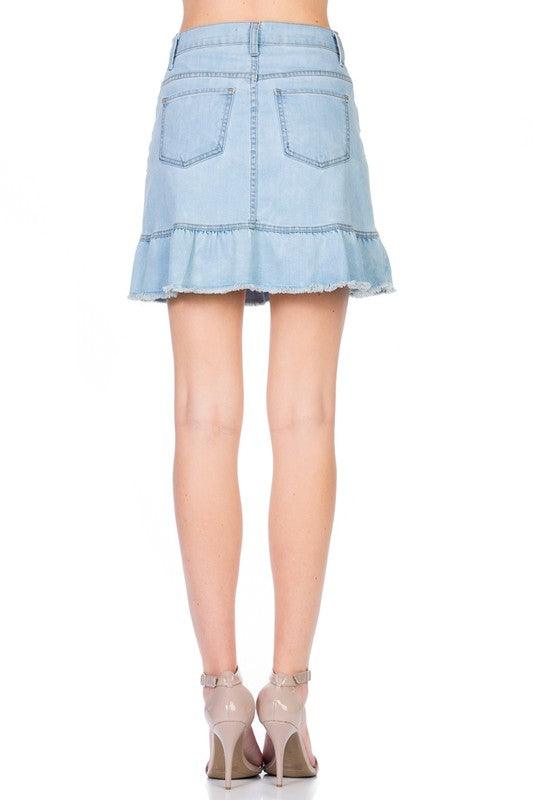 High Waisted A-line Ruffle Hem Denim Skirt - Leo’s Look Your Best