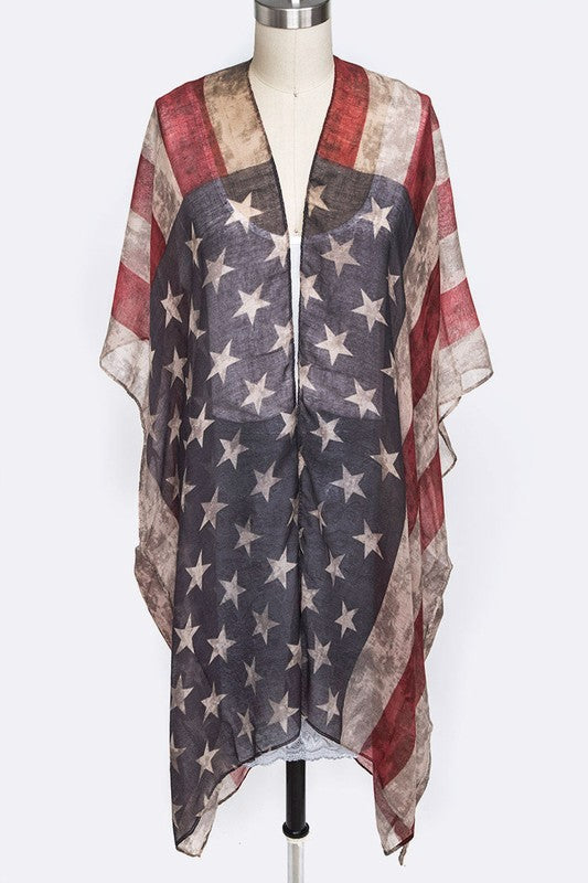 Mannequin wearing a kimono with an American flag pattern on a white background