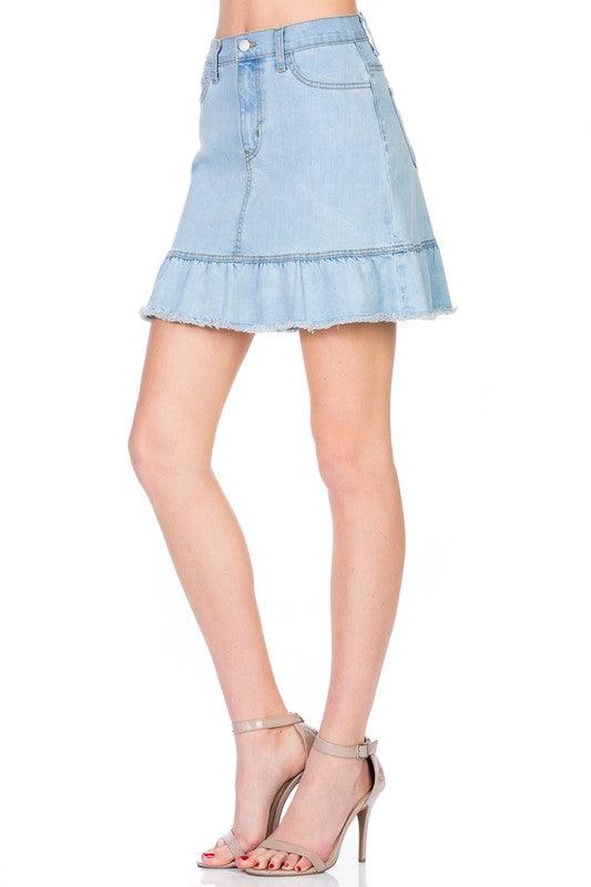 High Waisted A-line Ruffle Hem Denim Skirt - Leo’s Look Your Best