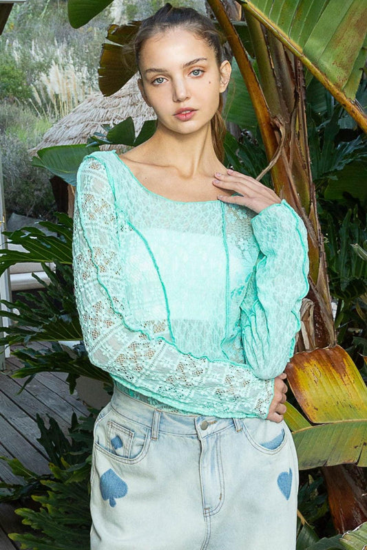 POL Exposed Seam Long Sleeve Lace Knit Top - Leo’s Look Your Best
