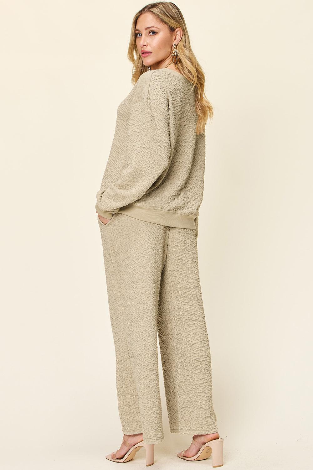 Double Take Full Size Texture Long Sleeve Top and Pants Set - Leo’s Look Your Best