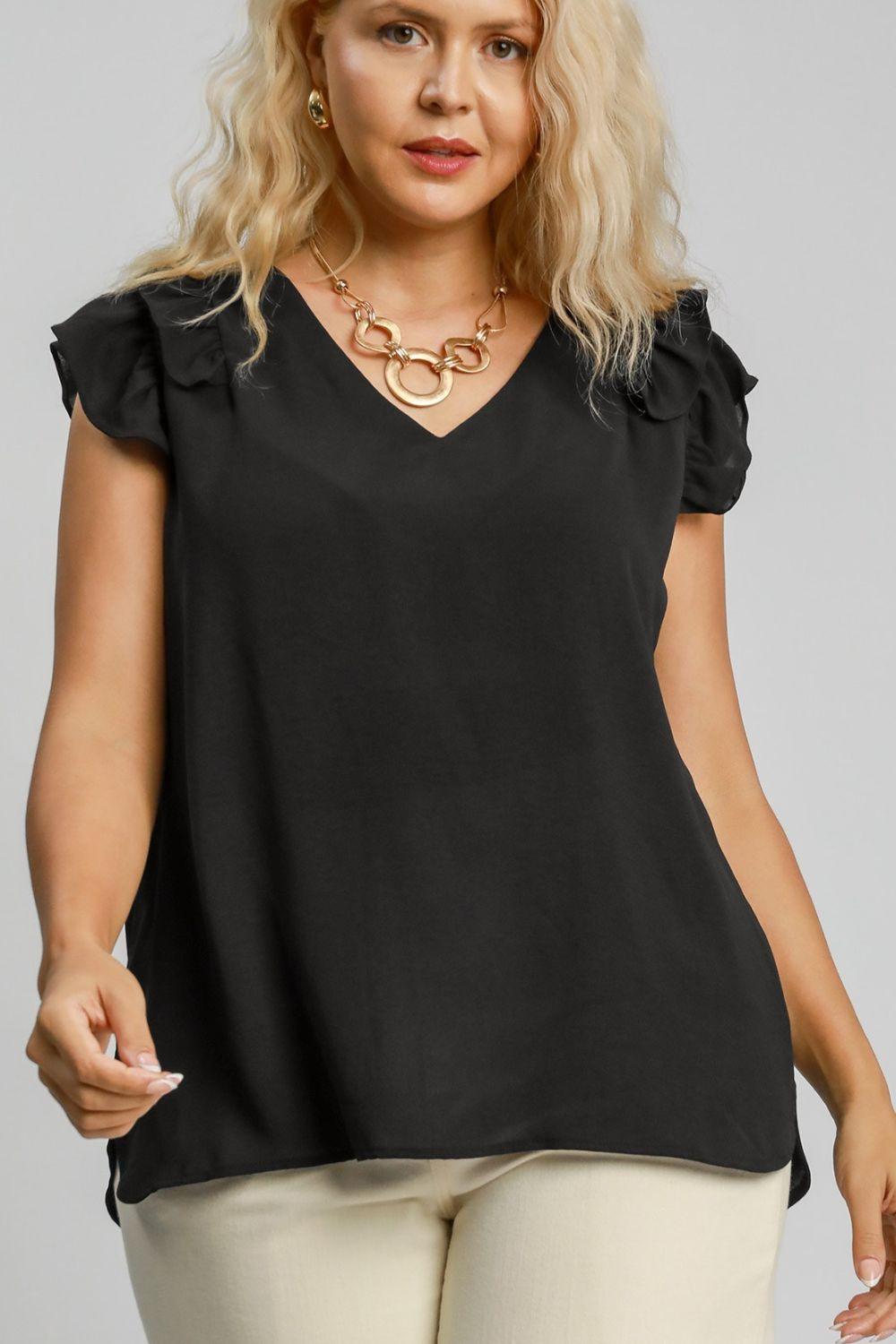 Umgee Full Size V-Neck Double Layered Ruffle Sleeve Blouse Plus Size - Leo’s Look Your Best