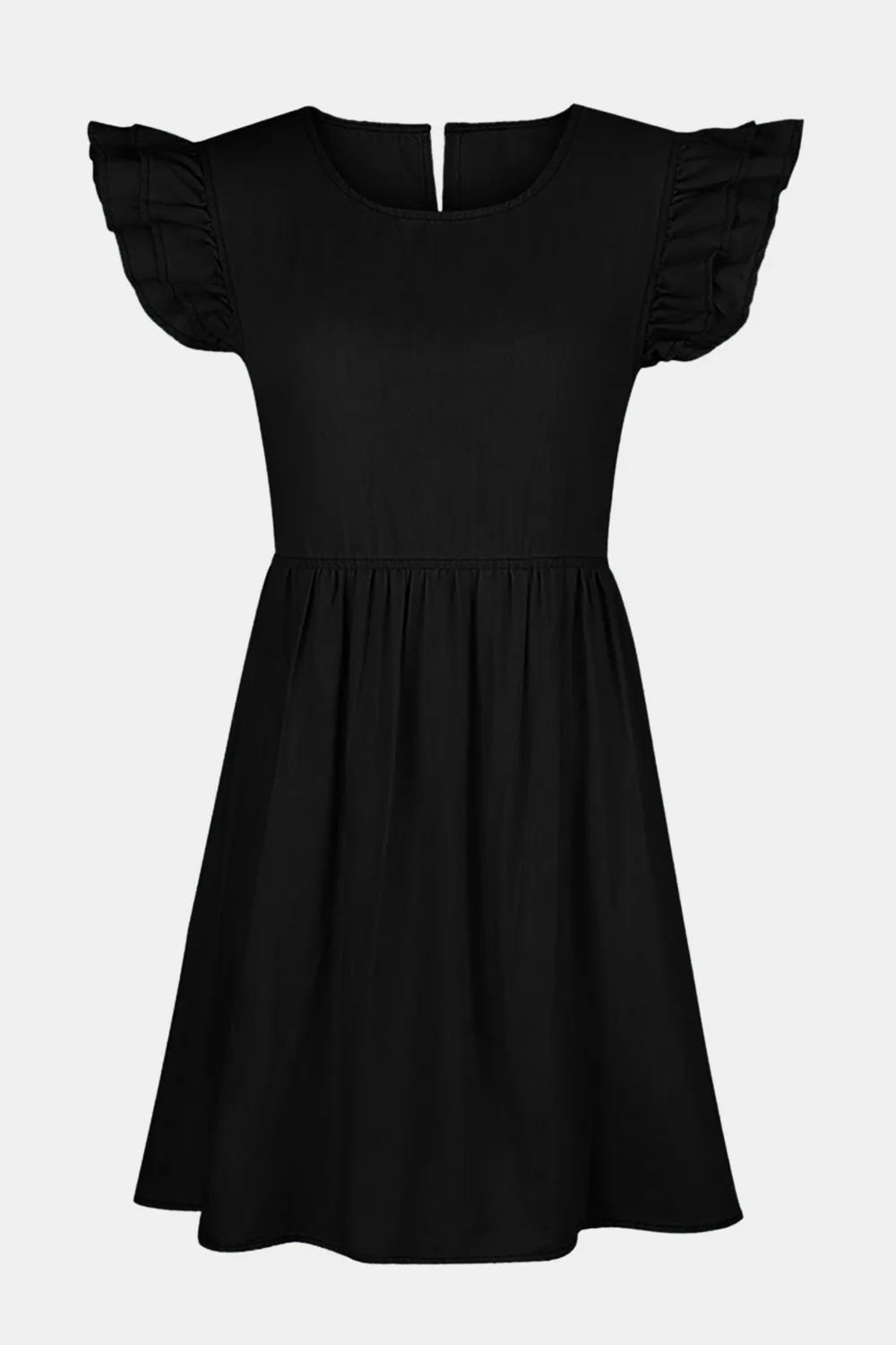 Black dress with ruffled sleeves on a light gray background