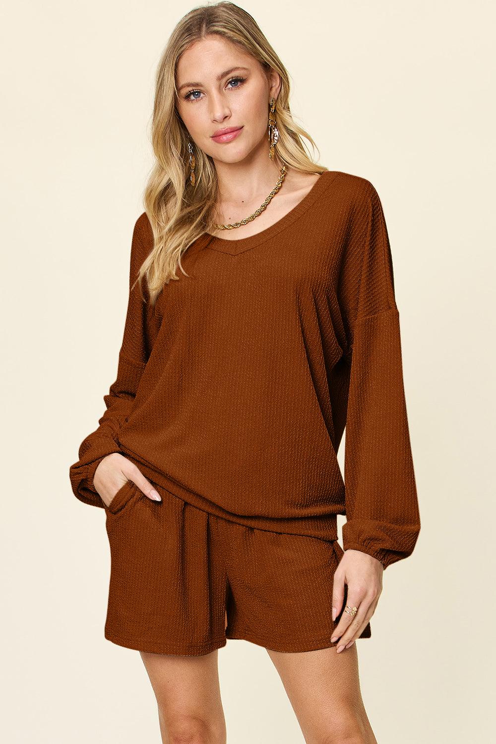 Double Take Full Size Texture V-Neck Long Sleeve T-Shirt and Shorts Set - Leo’s Look Your Best