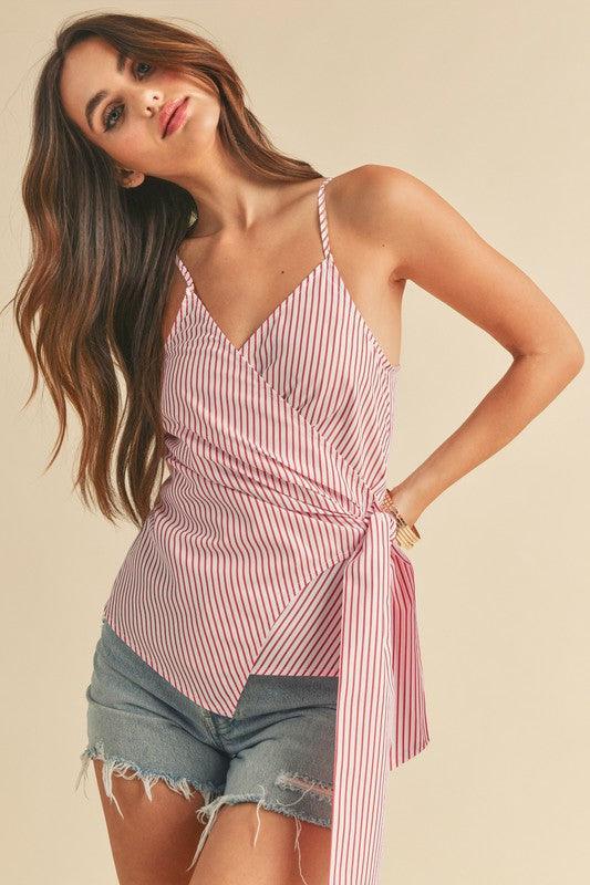 Aemi + Co Side Knotted Surplice Striped Cami - Leo’s Look Your Best