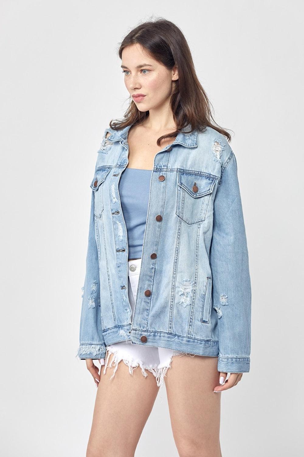 RISEN Full Size Distressed Long Sleeve Denim Jacket Plus Size - Leo’s Look Your Best