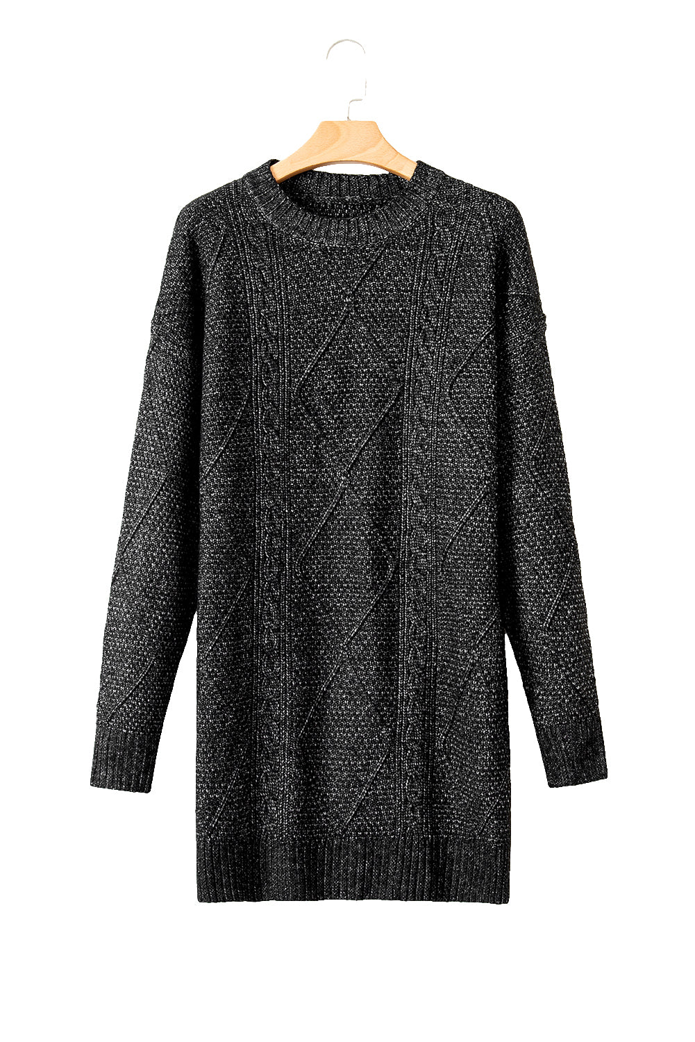Black cable knit sweater dress on a hanger against a white background
