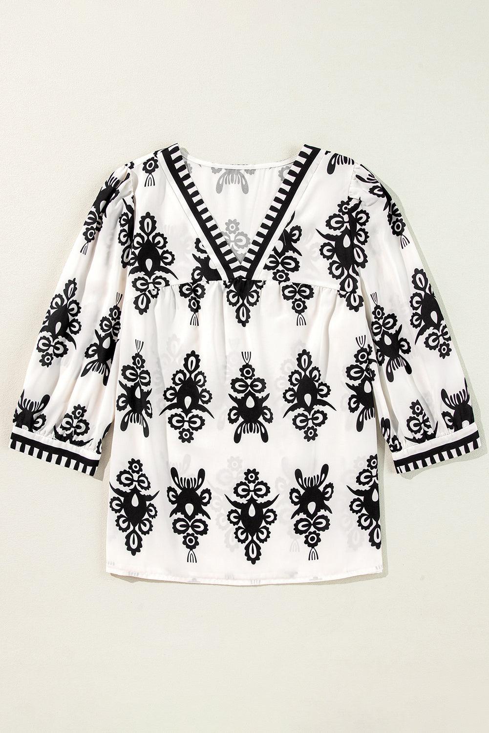 Beige Ethnic Abstract Print Puff Sleeve V Neck Blouse - Leo’s Look Your Best