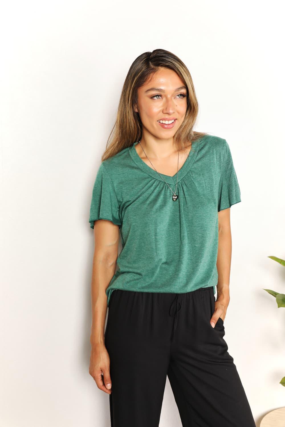 Double Take Ruched V-Neck Short Sleeve T-Shirt - Leo’s Look Your Best