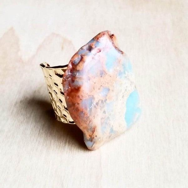 Chunky Aqua Terra Slab on Hammered Cuff Ring Base - Leo’s Look Your Best