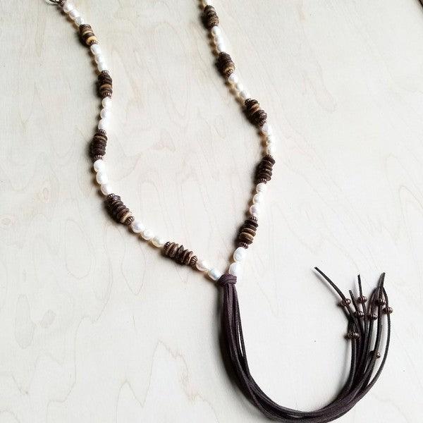 Freshwater Pearl and Wood Necklace with Tassel - Leo’s Look Your Best