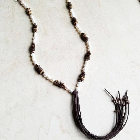Freshwater Pearl and Wood Necklace with Tassel - Leo’s Look Your Best