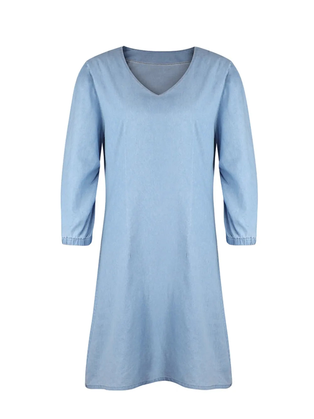 Light blue dress with a V-neck and 3/4 sleeves on a white background
