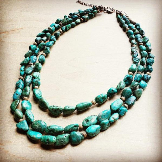 Triple Strand Turquoise & Wood Collar Necklace - Leo’s Look Your Best