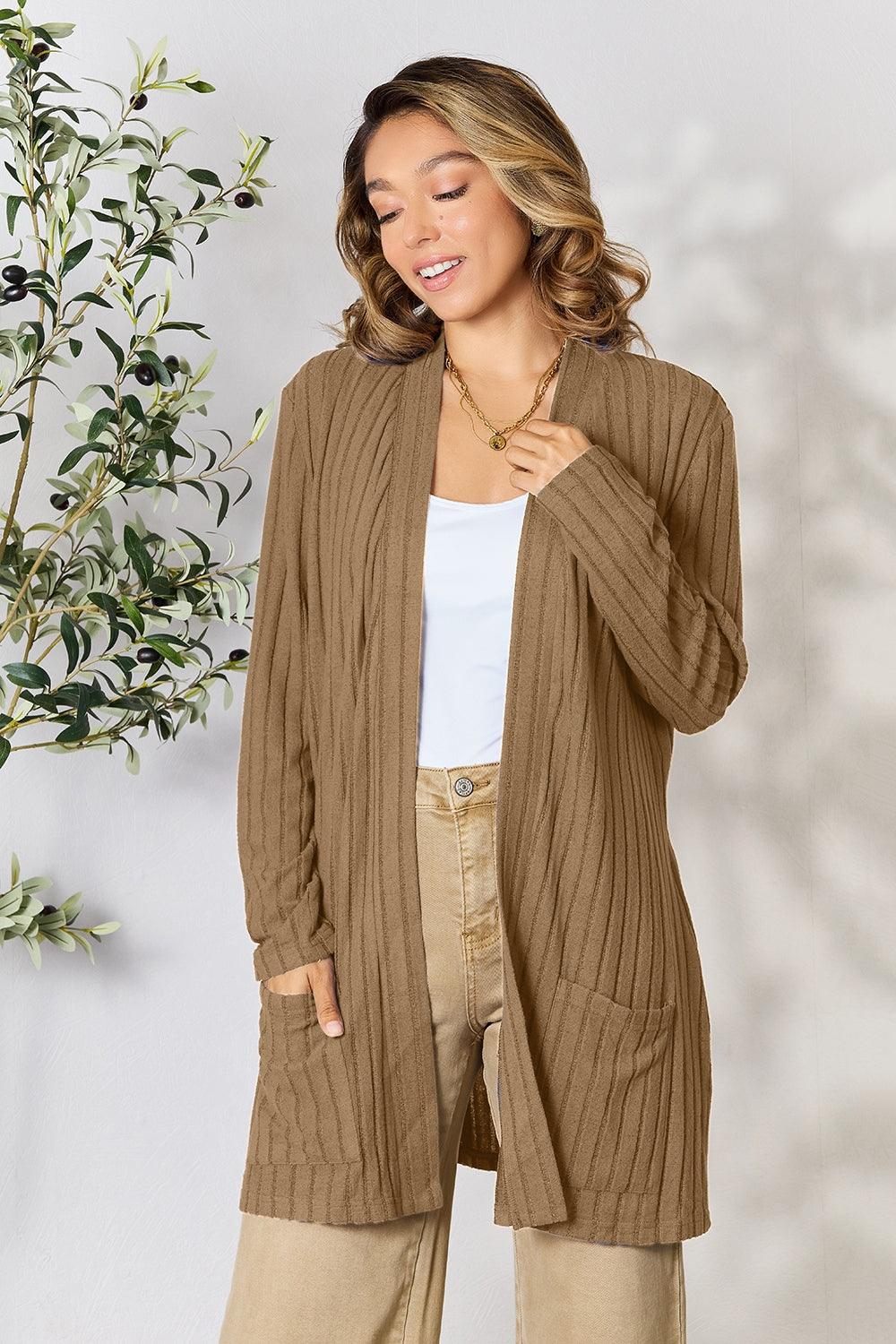 Basic Bae Full Size Ribbed Open Front Cardigan with Pockets - Leo’s Look Your Best