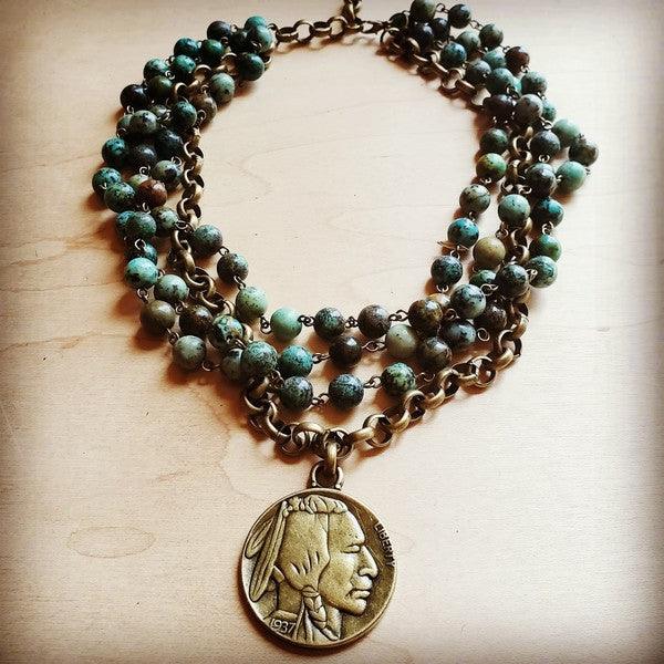 African turquoise collar lenght necklace with coin - Leo’s Look Your Best