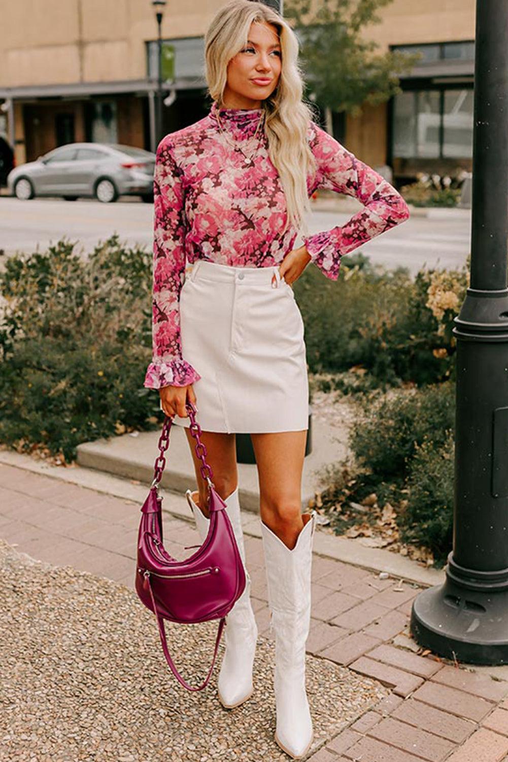 Rose Allover Floral Print Mesh Top - Leo’s Look Your Best