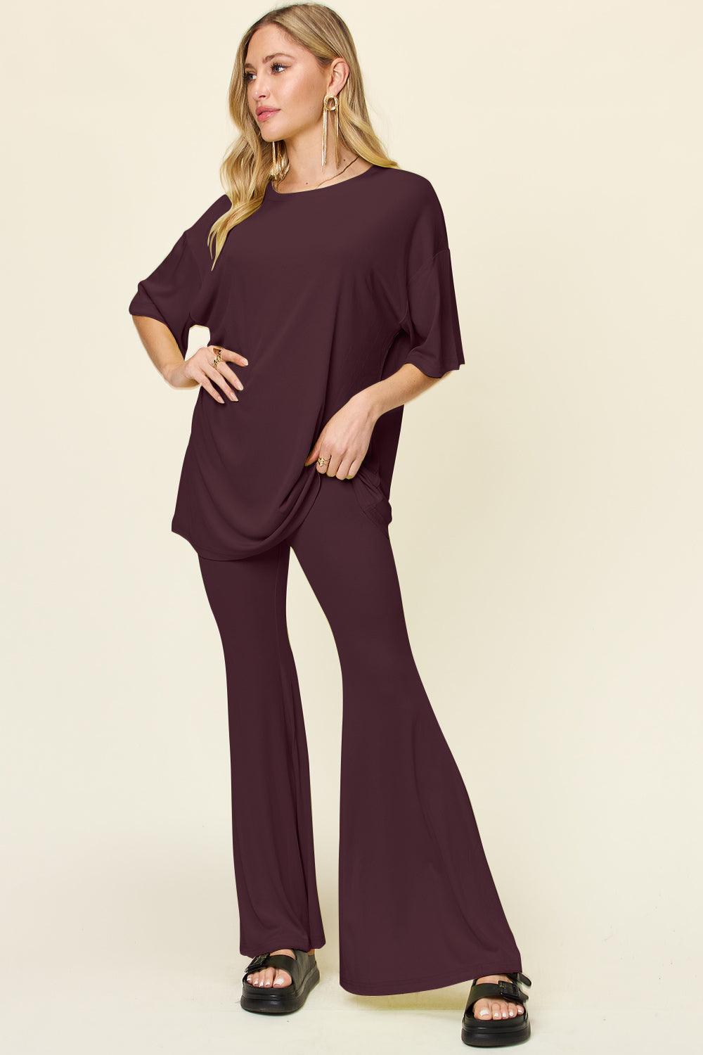 Double Take Full Size Round Neck Drop Shoulder T-Shirt and Flare Pants Set - Leo’s Look Your Best