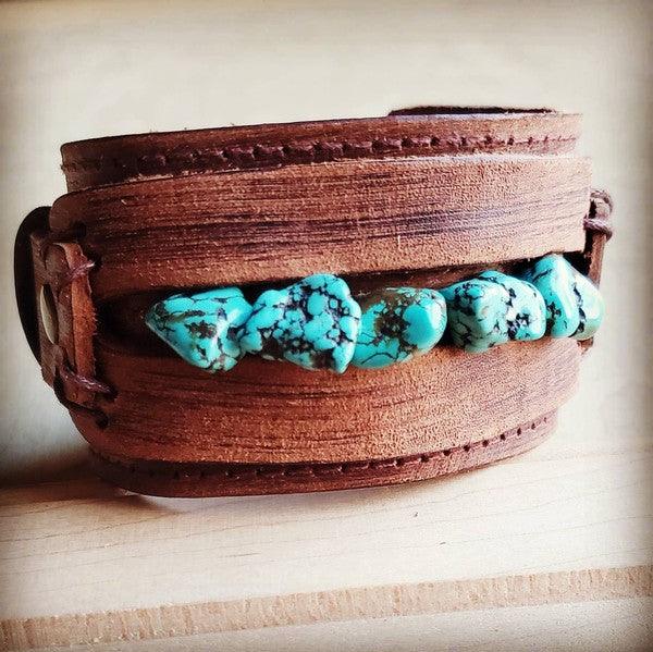 Leather Cuff With Blue Turquoise Chunks - Leo’s Look Your Best