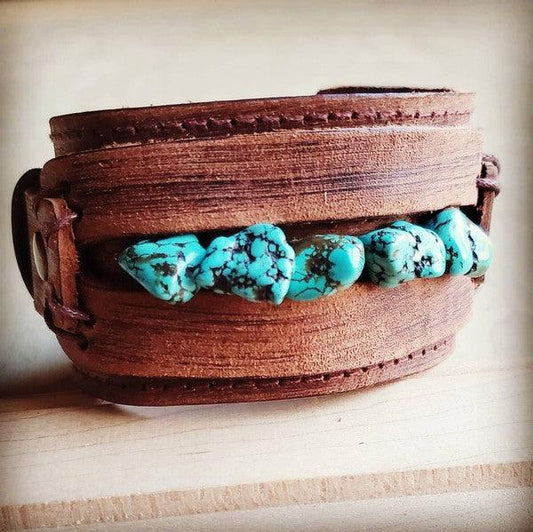 Leather Cuff With Blue Turquoise Chunks - Leo’s Look Your Best
