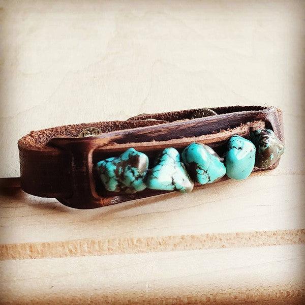Leather Narrow Cuff With Blue Turquoise Chunks - Leo’s Look Your Best