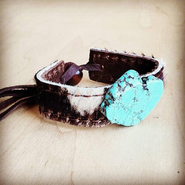 Narrow Leather Cuff w/ Turquoise Slab-Brindle Hide - Leo’s Look Your Best