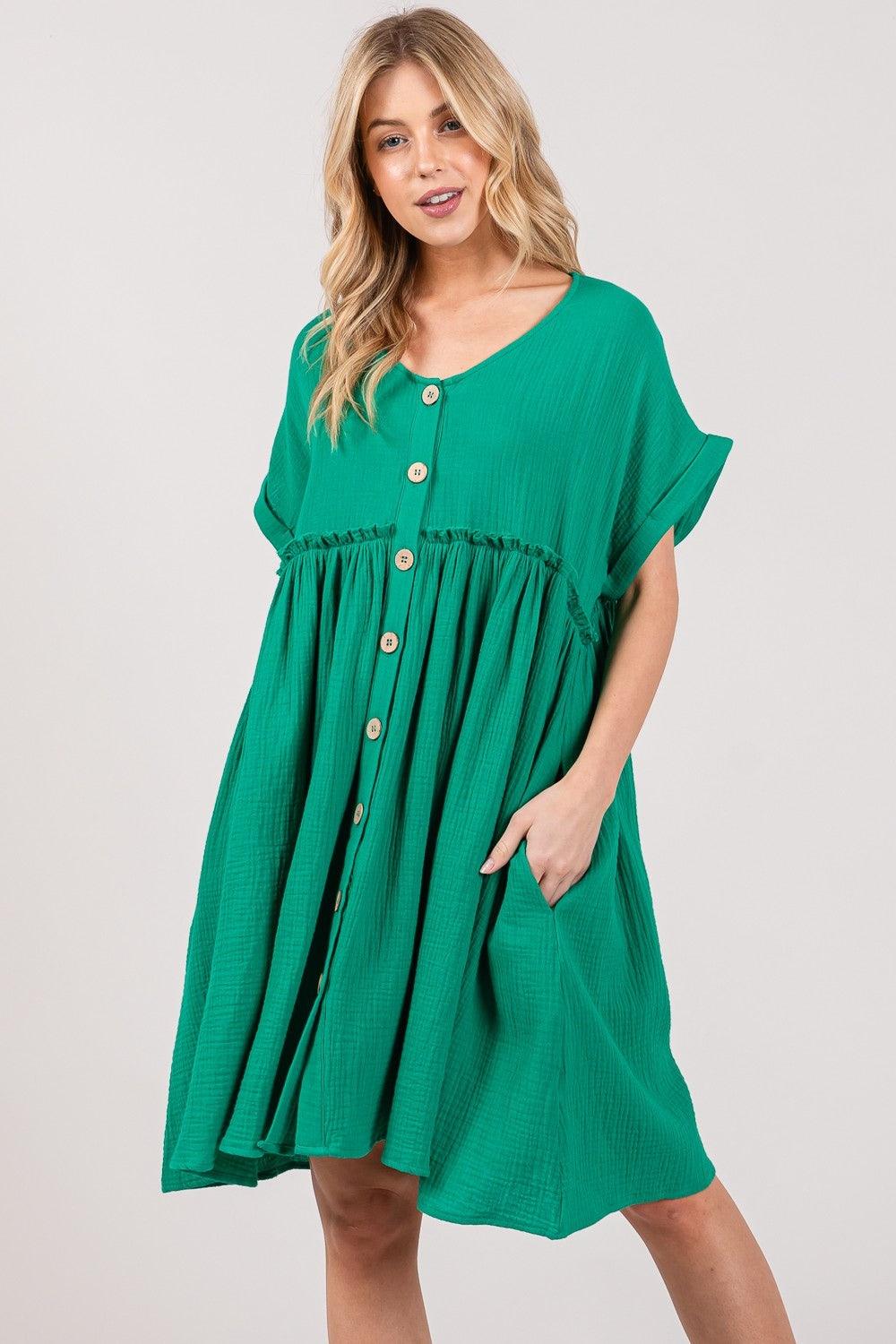 SAGE + FIG Full Size Button Up Short Sleeve Dress - Leo’s Look Your Best