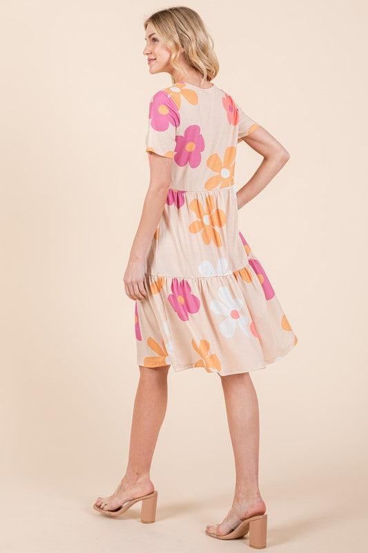BOMBOM Floral Round Neck Short Sleeve Tiered Dress - Leo’s Look Your Best