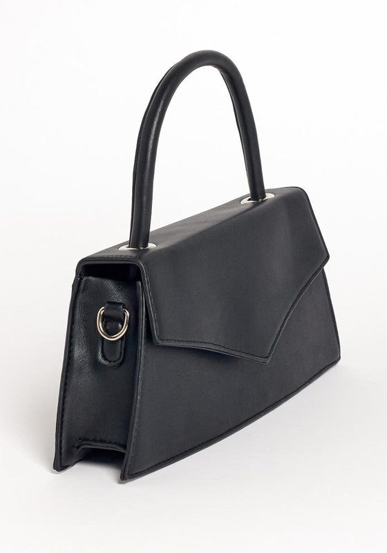 Black handbag with a gold ring on a white background