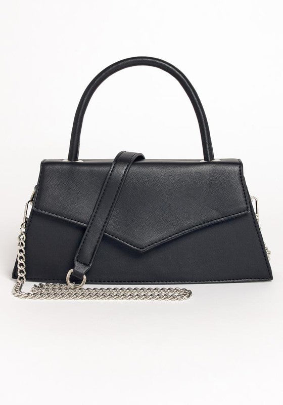 Black handbag with a chain detail on a white background