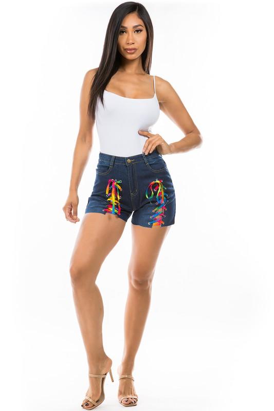 Dark Blue Multi Colored Strings Denim Shorts - Leo’s Look Your Best