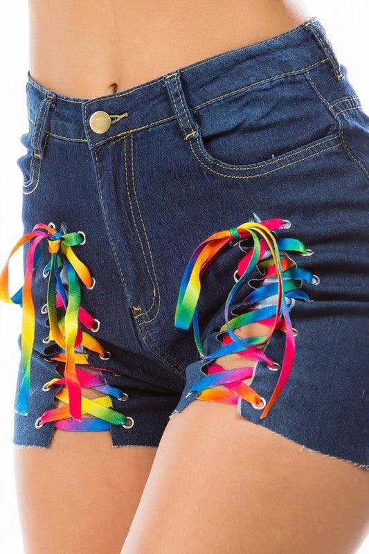 Dark Blue Multi Colored Strings Denim Shorts - Leo’s Look Your Best