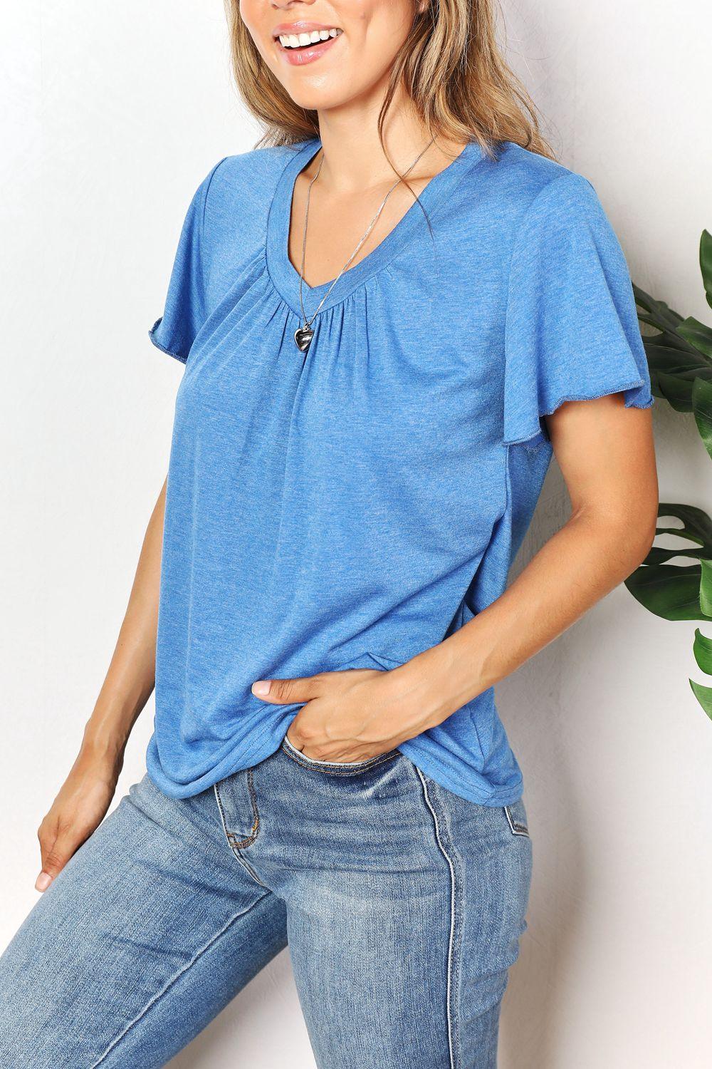 Double Take Ruched V-Neck Short Sleeve T-Shirt - Leo’s Look Your Best