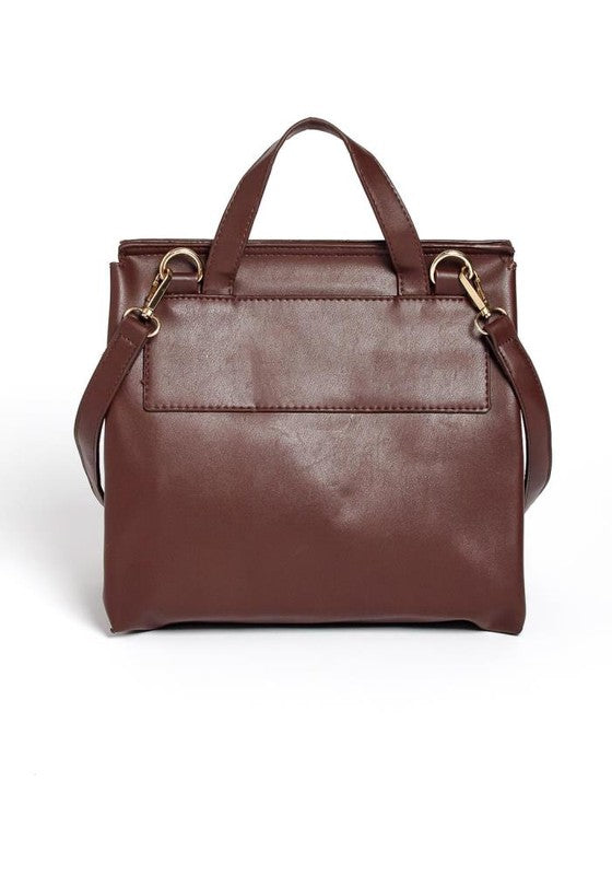 Brown leather handbag with gold hardware on a white background