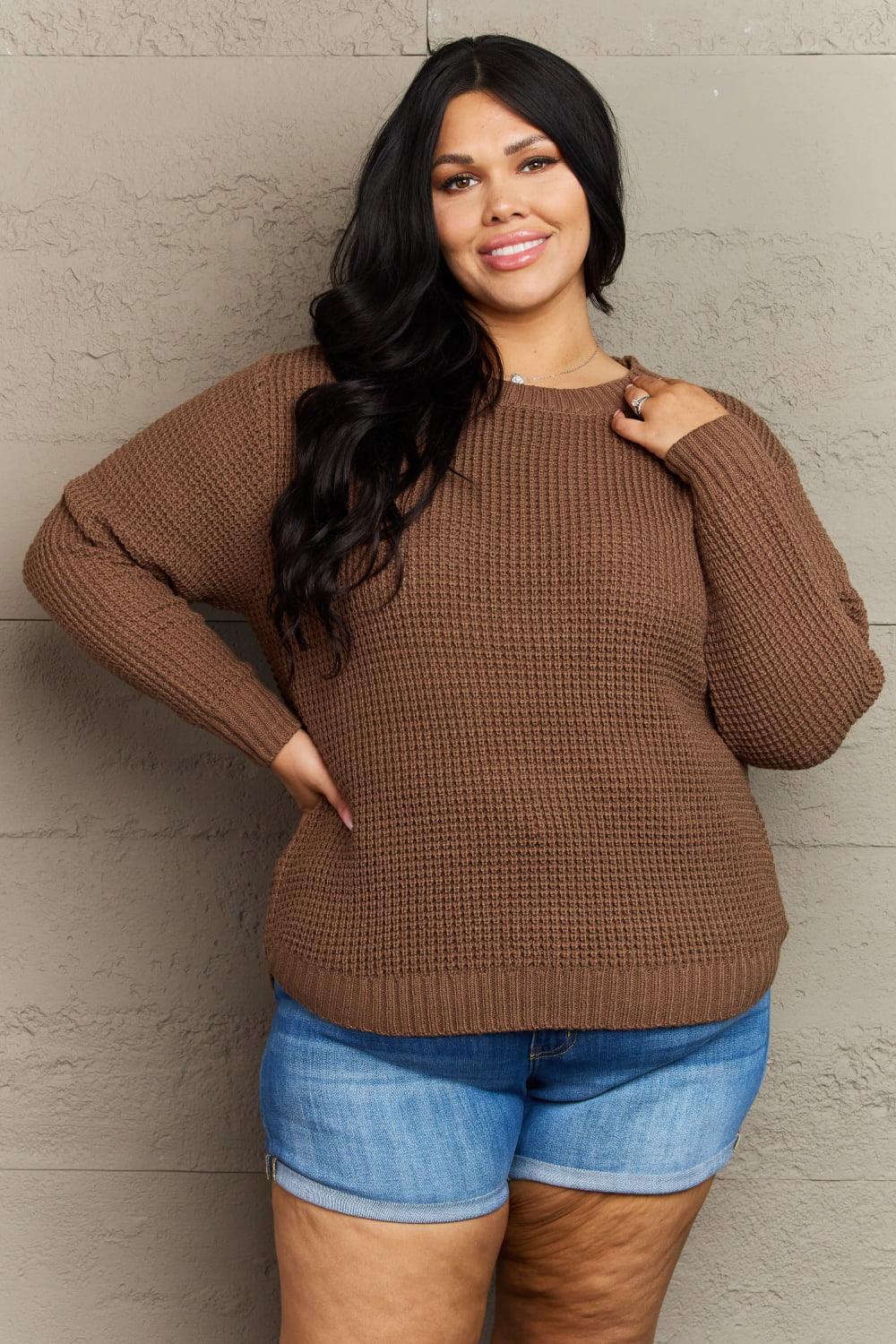Zenana Breezy Days Plus Size High Low Waffle Knit Sweater - Leo’s Look Your Best