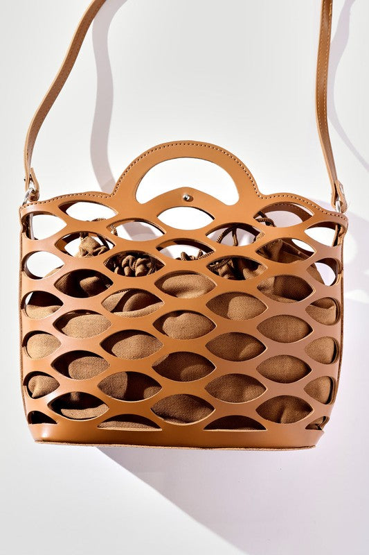 Brown woven handbag on a white background