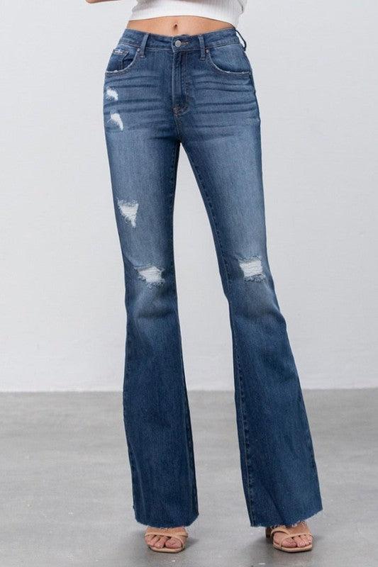 Mid Rise Dark Wash Flare Leg Jeans - Leo’s Look Your Best
