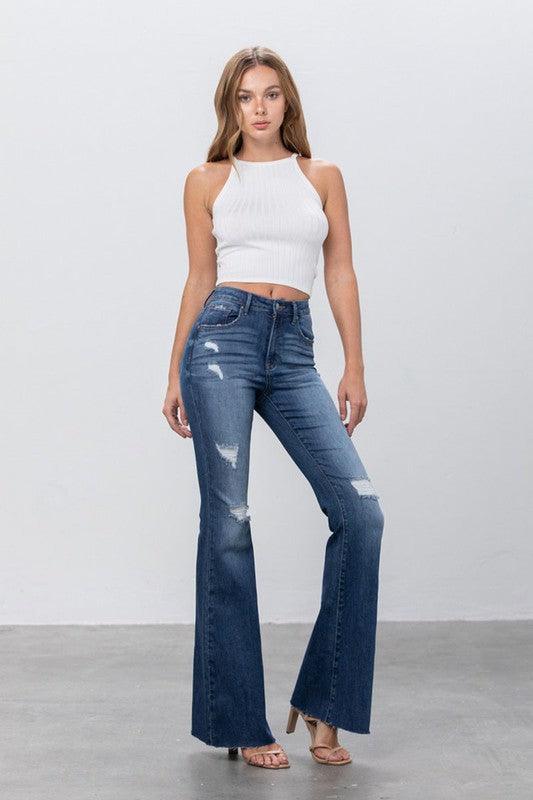 Mid Rise Dark Wash Flare Leg Jeans - Leo’s Look Your Best